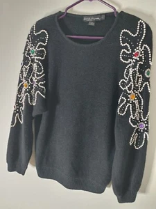 Vintage 80s Work in Progress beaded silk blend black sweater size L Colorful - Picture 1 of 6