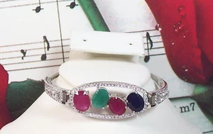 Ruby,Emerald Sapphire 9x7mm & CZ With 925 Sterling Silver Bracelet. SS0005 - Picture 1 of 2