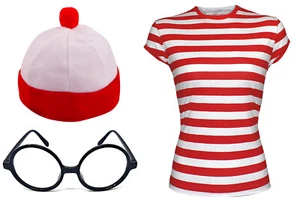 Men's Red & White Strips T-Shirt Kit Costume Stag Do Fancy Hat With Nerd Glass - Picture 1 of 5