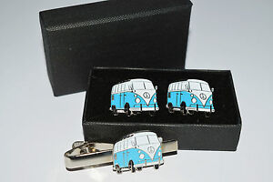 Pale Blue Camper Van Cufflinks and Tie Clip Set. Gift Boxed Wedding Enamel Men's