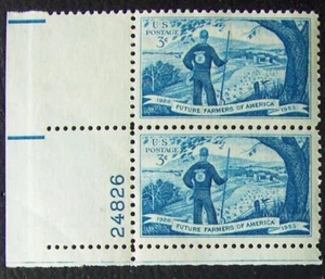 US 3¢ stamp pair w/ plate number SC #1024 Future Farmers of America MNH 1953. - Picture 1 of 2