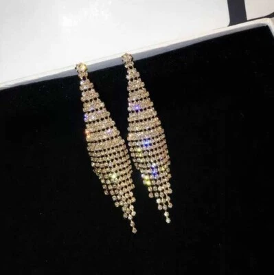925 Silver pin golden fashion party crystal exaggerated tassel earrings  - Image 1 of 3