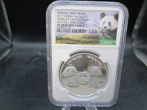 2017 China Panda Silver 1oz. Coin -Worlds Fair of Money Denver Ana Logo NGC PF69 - Picture 1 of 4