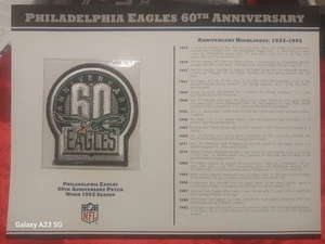 PHILADELPHIA EAGLES 60TH ANNIVERSARY Willabee & Ward NFL PATCH WITH STAT CARD  - Picture 1 of 3