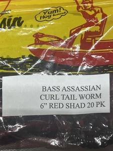 BASS ASSASSIN 6" CURL TAIL WORM RED SHAD 20 Pk LARGE MOUTH BASS LURE - Picture 1 of 5