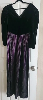 Vintage Laura Ashley Dress Black Velvet & Striped Taffeta 80s Prom 1980s Size 12 - Image 1 of 4