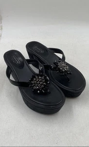 Coach Womens Norice A8785 Black Floral Leather Wedge Thong Sandals Size 8.5 B - Picture 1 of 8
