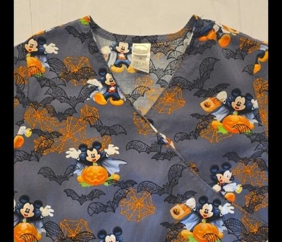 Disney Women's Mickey Mouse Halloween Gray Scrub Top Tie Back Medium - Image 1 of 4
