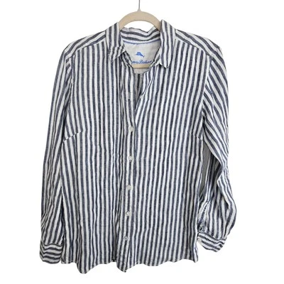 Camisa Tommy Bahama Camisa de Lino Mujer M Gris Blanco Camisa a Rayas Mujeres Informal Prenda para el torso Foto 1 de 4