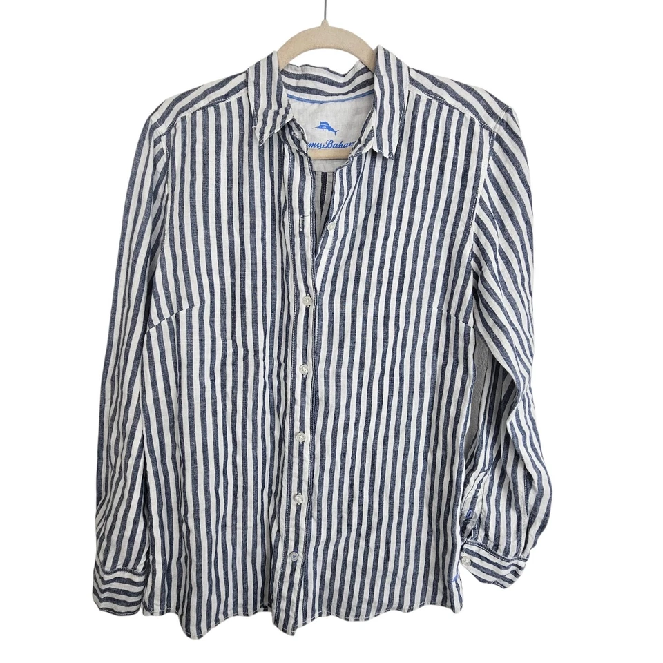 Camisa Tommy Bahama feminina de linho M cinza branca listrada feminina casual top - Imagem 1 de 4