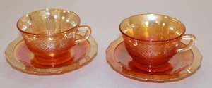 2 Vintage Federal Glass Normandie Lattice Marigold Iridescent Tea Cups & Saucers - Picture 1 of 17