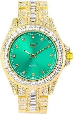 Reloj Completamente Helado Bling Rapero Simular Diamante Laboratorio Oro Verde Metal Banda Lujo Foto 1 de 4