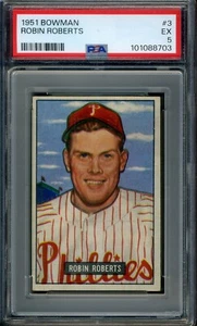 1951 Bowman #3 Robin Roberts PSA 5 EX *Philadelphia Phillies* - Foto 1 di 2