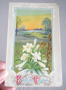 Vintage Embossed Blessed Easter Postcard Divided Back Lily Flowers Bucolic Home - Picture 1 of 4