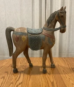 Vintage Hand-Carved Wooden Horse Painted Folk Art Colorful 20” Tall - Picture 1 of 12