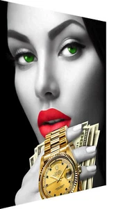 Leinwand Frau Geld rote Lippen Uhr Bilder Wandbilder - Hochwertiger Kunstdruck - Bild 1 von 10