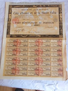 Vintage share certificate Stock Bond action Societe coloniale Ivory coast 1927 - Picture 1 of 4