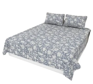 Indian Cotton Kantha Quilt Hand Block Print King Size Gray Blanket Bedspread - Picture 1 of 6