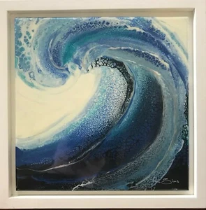 Arte de surf azul Hawaiian Wave 12"x 12" pintura acrílica original enmarcada - Imagen 1 de 5