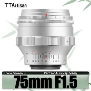Lente de gran apertura plateada TTArtisan 75 mm F1.5 Swirly Bokeh M42 montaje marco completo - Imagen 1 de 9