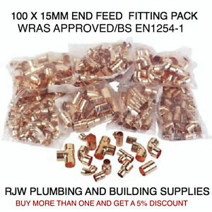 100 X 15MM COPPER END FEED MIXED FITTINGS PACK JOB LOT PLUMBING/DIY/COPPER PIPE