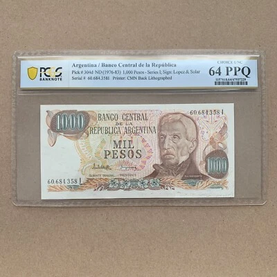 Certificated Argentina 1000 Pesos Banknote. Argentinian Currency PCGS 64 Money - Image 1 of 4