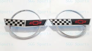 2PC 1984-1996 C4 Corvette Chrome Front Nose Hood Rear Gas Lid Cross Flags Emblem - Picture 1 of 8