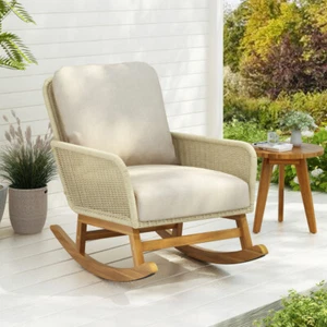 Contemporary Minimalist Ivory Wicker Rocking Chair with Soft Polyester Cushions - Picture 1 of 22