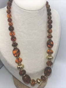 Vintage Faux Amber Beaded Necklace W/ Gold Tone Beads Signed Trifari 18” L - Picture 1 of 5