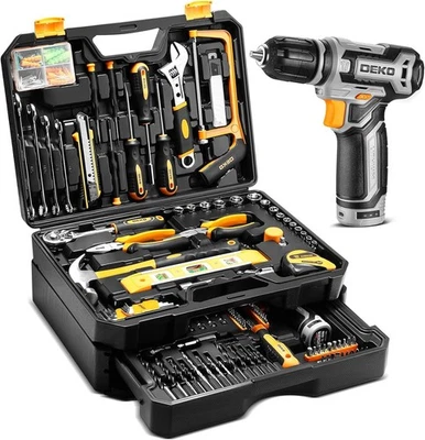 Tool Kit Box Drill Set：DEKOPRO Home Mechanic Toolbox with 12V Power Cordless Dri - Image 1 of 4