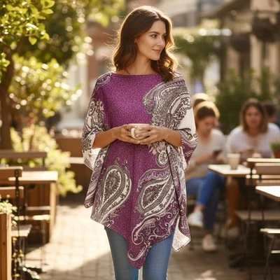 Poncho Chico’s Mujer Brillo Paisley Talla L/XL Asimétrico Formal Vacaciones Lujo Foto 1 de 4