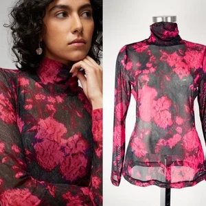 White House Black Market rosa schwarz LS Netz Rollkragen Gr. Small transparent - Bild 1 von 8