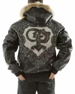CHAQUETA DE CUERO CON CAPUCHA DE PIEL CON ESCUDO PP NEGRO PELLE PELLE | Talla Grande - Imagen 1 de 13
