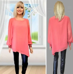 💥SALE💥WALLIS TOP UK 18-20 APRICOT CHIFFON LONG SLEEVE BEADED IRREGULAR HEM#8 - Picture 1 of 10
