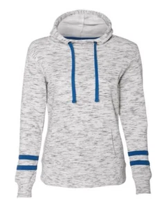 J. America 8674 Women M?lange Fleece Striped-Sleeve Hooded Sweatshirt - Picture 1 of 5