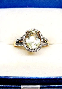 AAA Yellow Triphane/Spodumene & Moissanite halo ring in vermeil 14K YG/925SS s7 - Picture 1 of 7