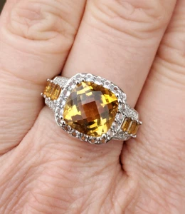QVC 925 Sterling Silver Cushion Citrine & White Zircon Cocktail Ring Size 9 - Picture 1 of 10
