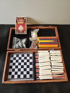 Vintage Mini Travel Game Set In Case Dominoes Checkers Cribbage Chess Backgammon - Picture 1 of 10