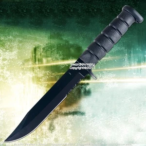 11.5" Black Full Tang Fixed Blade Combat Knife Half Serrated with Sheath - Picture 1 of 3
