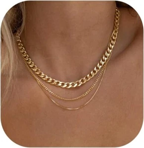 Dainty Necklace For Women 14k Gold Plated Chain Choker , Simple Layered Jewelry - Picture 1 of 6