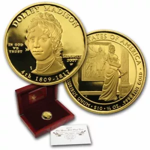 2007-W 1/2 oz Proof First Spouse Dolley Madison Gold Coin w/Box & COA - Picture 1 of 5