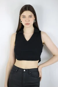 Artyska Black V Neck Collared Ribbed Crop Top. - Picture 1 of 4