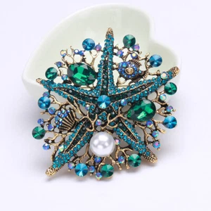 Blue/Gray Crystal Rhinestone Sea Shell Coral Starfish Brooch Pin - Picture 1 of 5