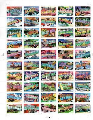 USPS One Sheet "Greetings from America"-  50 United States 34 Cent State Stamps - Image 1 of 2