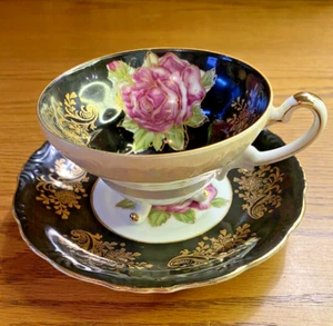 Vintage Royal Halsey LM Very Fine Pink Cabbage Rose On Black Background Gold - Bild 1 von 23