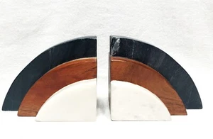 Black And White Rainbow Marble & Wood Bookends Heavy Art Deco Anthropologie - Picture 1 of 6