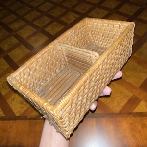 Vintage Woven Brown Wicker Rattan Rectangle 2-Section Petite Storage Basket 8x4" - Picture 1 of 12