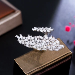 Adjustable Big Chunky White CZ Bridal Engagement Leaf Long Finger Ring Jewelry - Picture 1 of 9