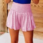 Women Summer Ruffle Smocked Waist Sparkly Metallic Solid Color Hot Shorts