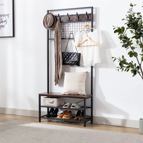 Industrial Coat Rack Hall Tree Entryway Shoe Bench Home Storage Shelf w/ 5 Hooks Cover